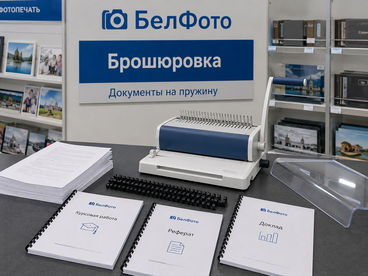 Брошюровка документов рефератов курсовых и отчётов в фотоцентре БелФото в Белгороде