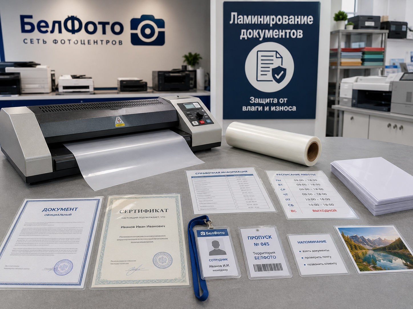 Ламинирование документов справок бейджей и фотографий в фотоцентре БелФото в Белгороде