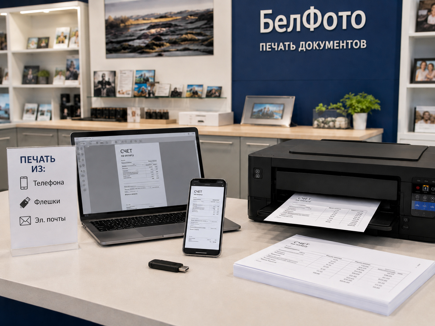 Печать документов с телефона флешки email и мессенджера в фотоцентре БелФото в Белгороде