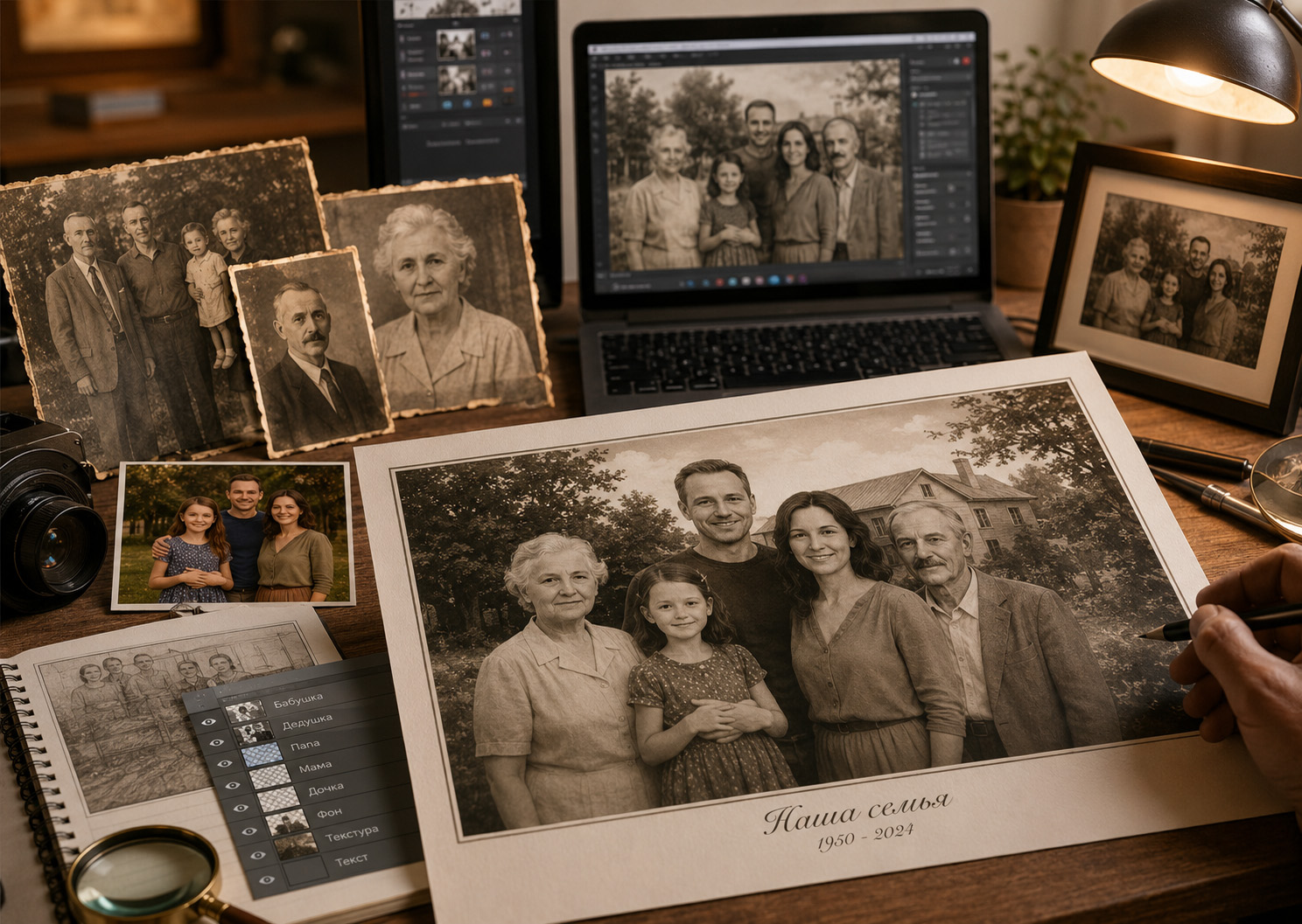 Фотомонтаж из старых и новых фотографий соединение людей фона и деталей