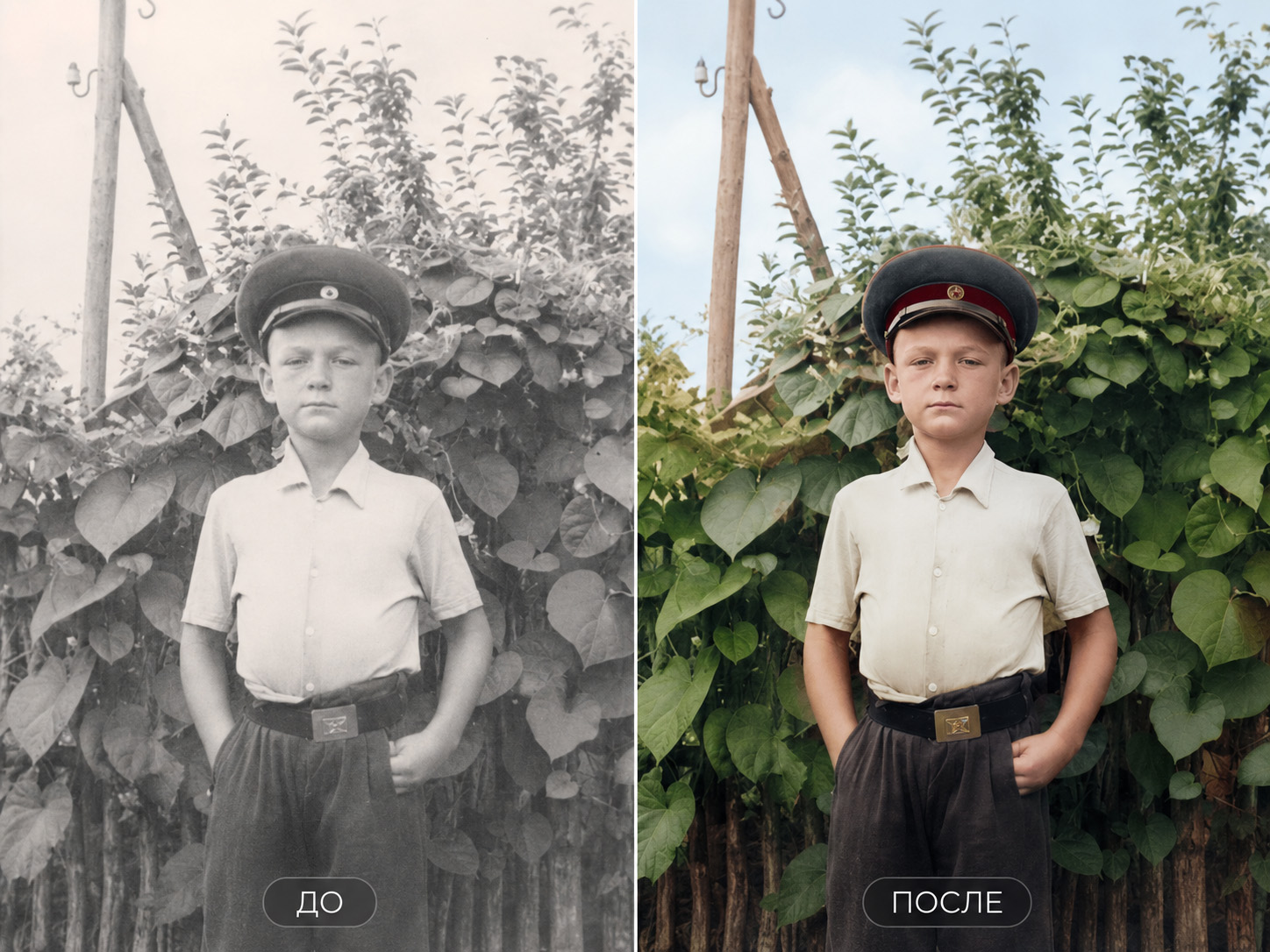 Колоризация чёрно-белой фотографии до и после обработки в Белгороде